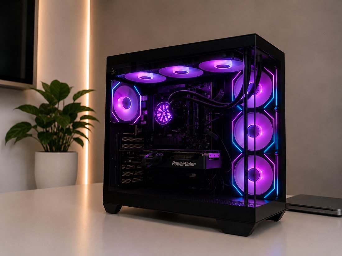 Streaming build met paarse RGB-verlichting, gebouwd door NA PC BUILDS